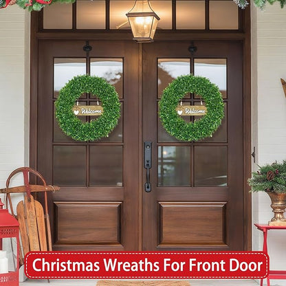 22 Inch Christmas Wreath Boxwood Wreath Realistic with Welcome Sign Faux Green Preserved Boxwood Wreaths Outdoor Spring Fall Winter Wreaths for Front Door Outside for Porch Farmhouse Wall Home Decor
