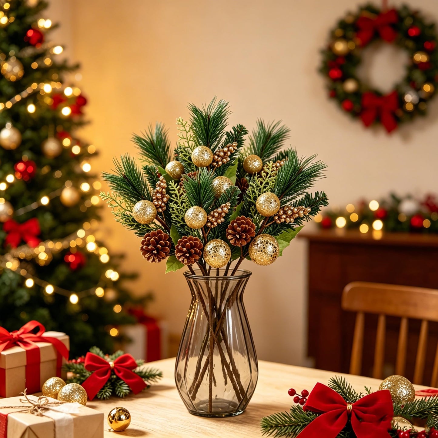 DR.DUDU Christmas Tree Ornaments 6 Pcs 12'' Gold Picks and Sprays with Brown Pine Cone Green Poinsettia Leaf, Artificial Berry Branches Stems Decorations DIY Crafts for Vase Filler Wreath Decor (Gold)