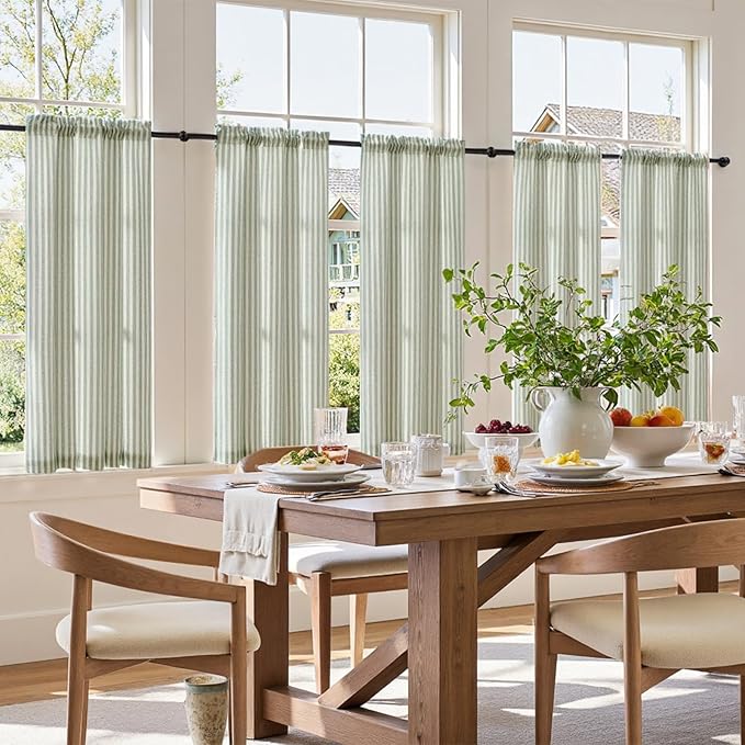 jinchan Striped Linen Kitchen Curtains 45 Inches Length Tier Curtains Farmhouse Modern Cafe Style Small Window Treatments Airy Light Filtering Rod Pocket for Living Room Bathroom 2 Panels Sage Green
