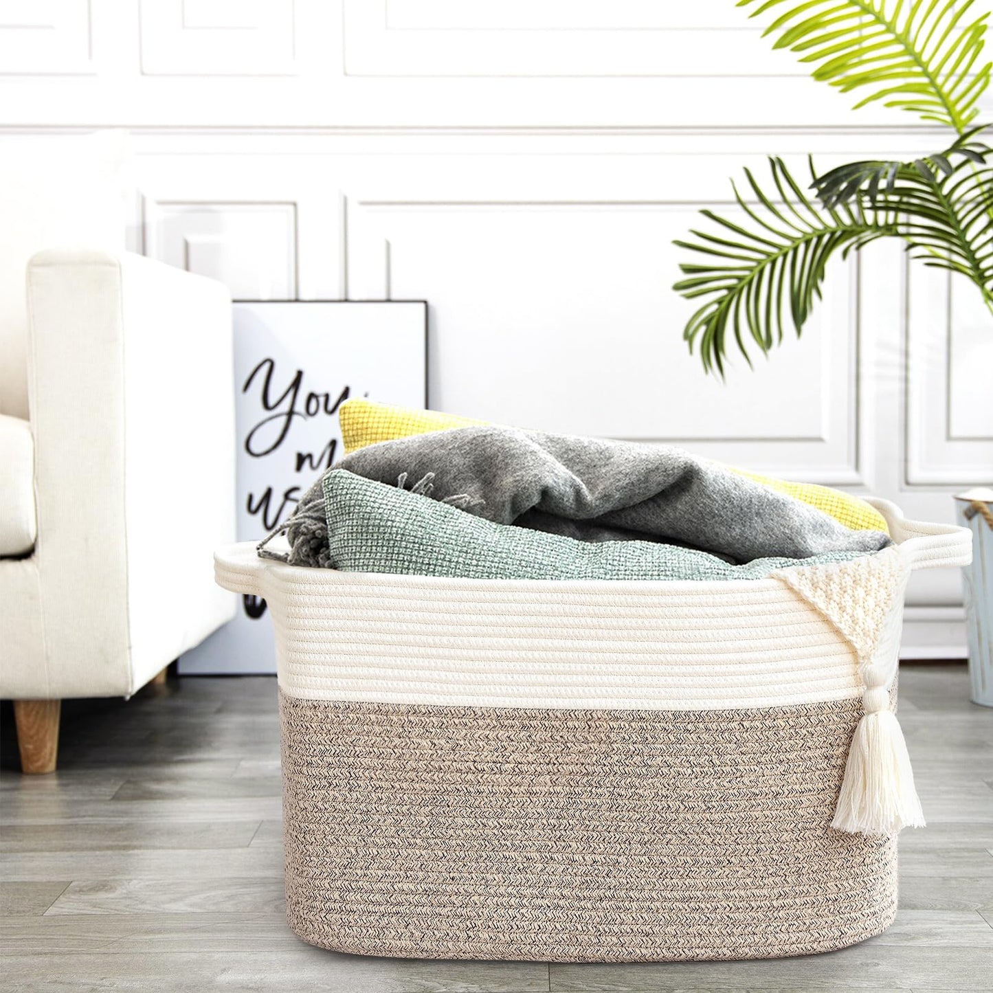 Degeyoyo Large Blanket Basket, 60L Storage Baskets for Organizing, Woven Laundry Basket for Blankets, Cotton rope Blanket Storage for Living Room, Nursery Room, 19.7" L x 15.74" W x 11.8" H, Brown