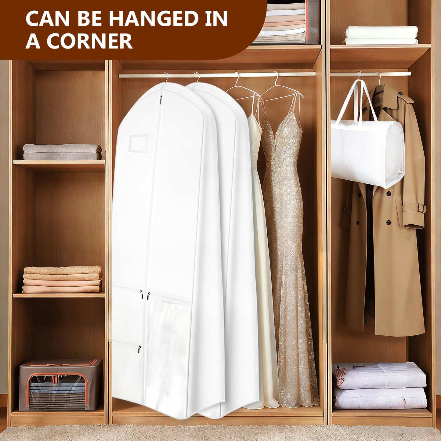 Dress Garment Bags, Long Garment Bags for Travel, 70’’ Wedding Dress Cover with Handle, Foldable Clothing Bag with Pockets and Zippers, White, 180 cm