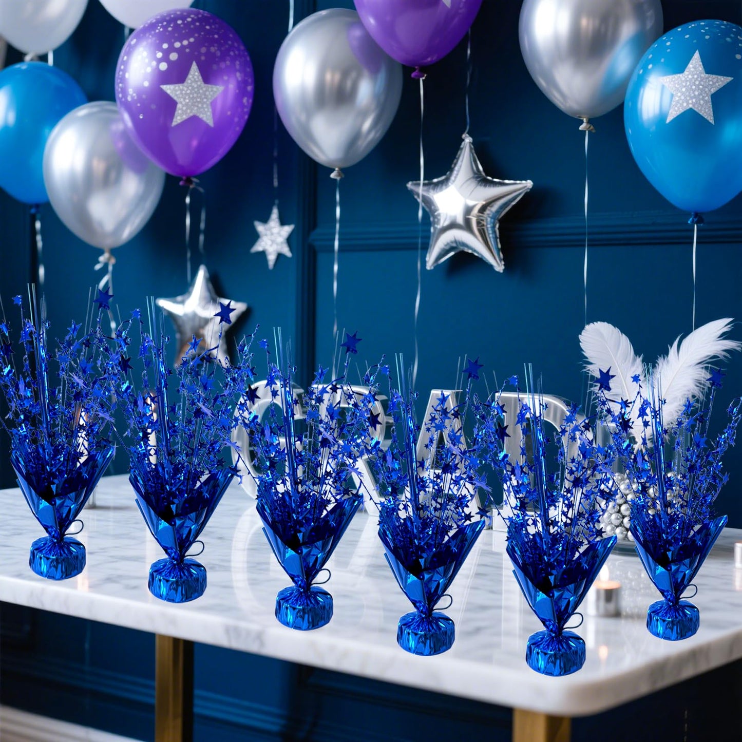 YinNorth 12 Pcs Metallic Foil Spray Centerpiece Party Star Table Decoration Brust Glitter Table Topper Decor for Birthday Graduation Holiday Christmas Dining Celebration New Year Party Supplies, Blue