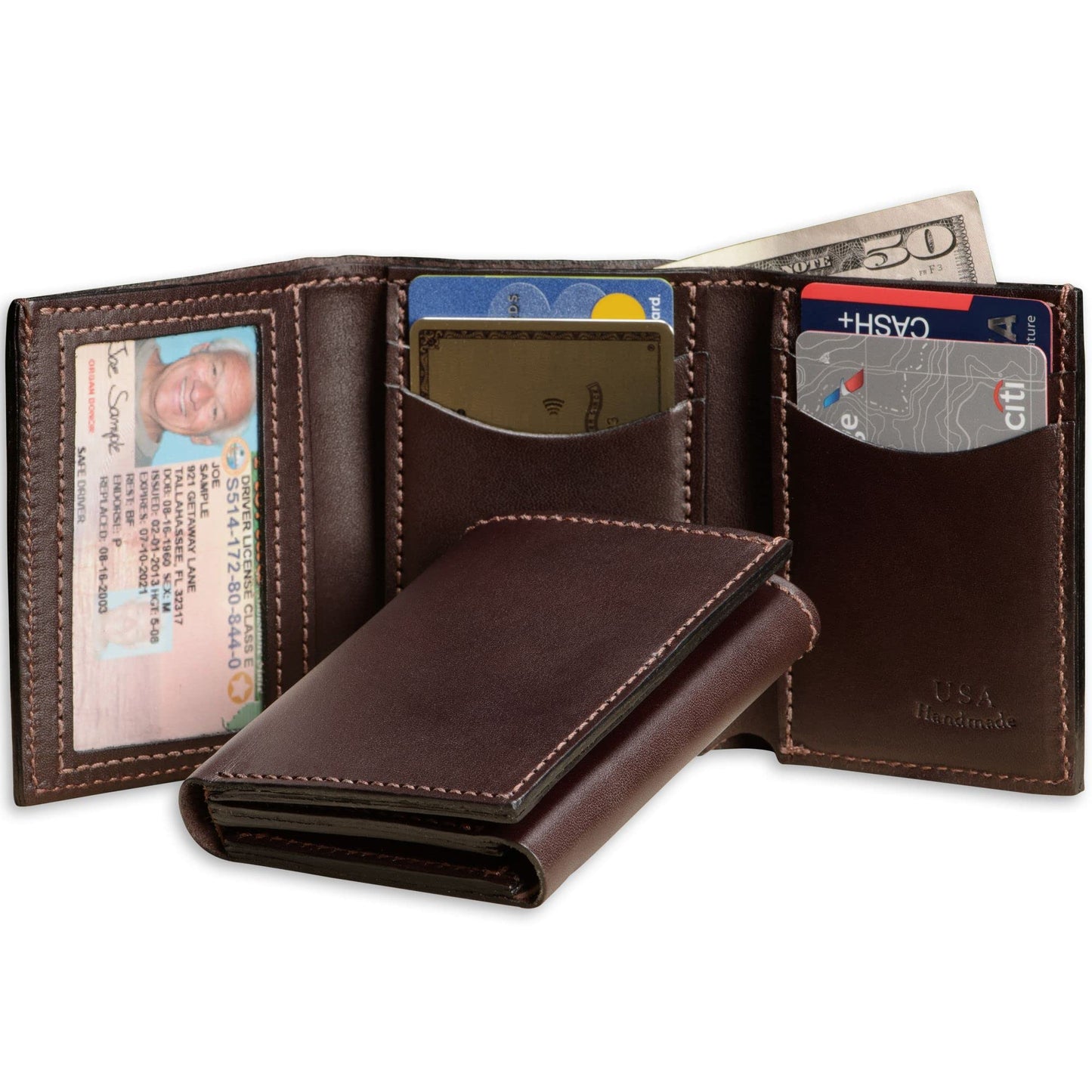 Mens Trifold Wallet Case, 4 Credit Card Holder Slots and ID Window, Full Grain Bridle Genuine Leather, Made in USA, Brown