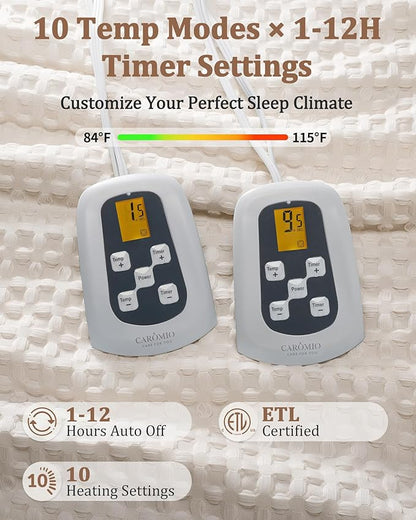 CAROMIO Heated Blanket Queen Size with LCD Dual Controller, Waffle Weave Fast Heating Electric Blankets, 10 Heat Levels & 1-12H Time Settings, ETL Certified, Machine Washable, Beige, 84" x 90"