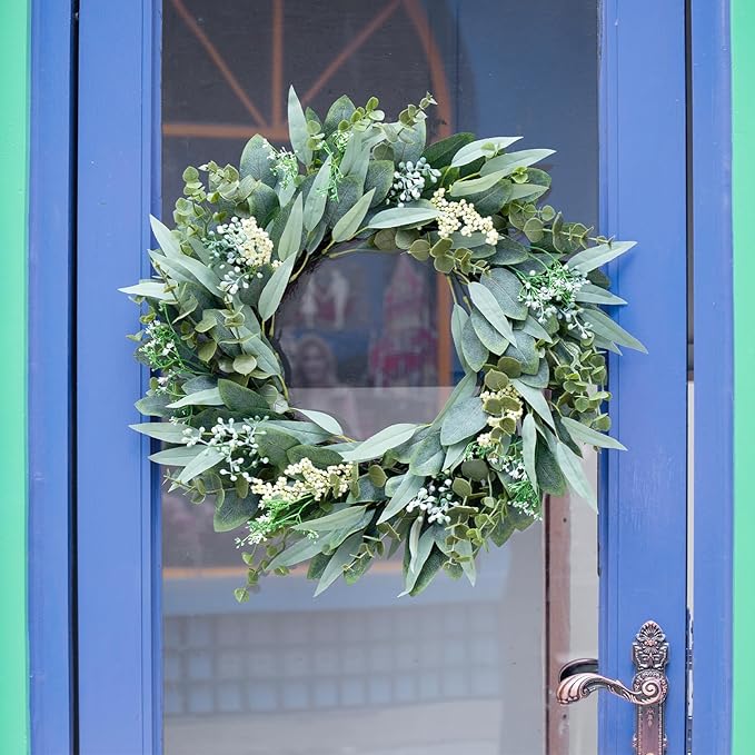 Eucalyptus Wreaths 22" Large Artificial Greenery Outdoor/Indoor Wreath Spring/Summer Wreath Green Wreaths for Front Door Porch Window Wall Hanging Decor All Year Round Wre-ath（Green）