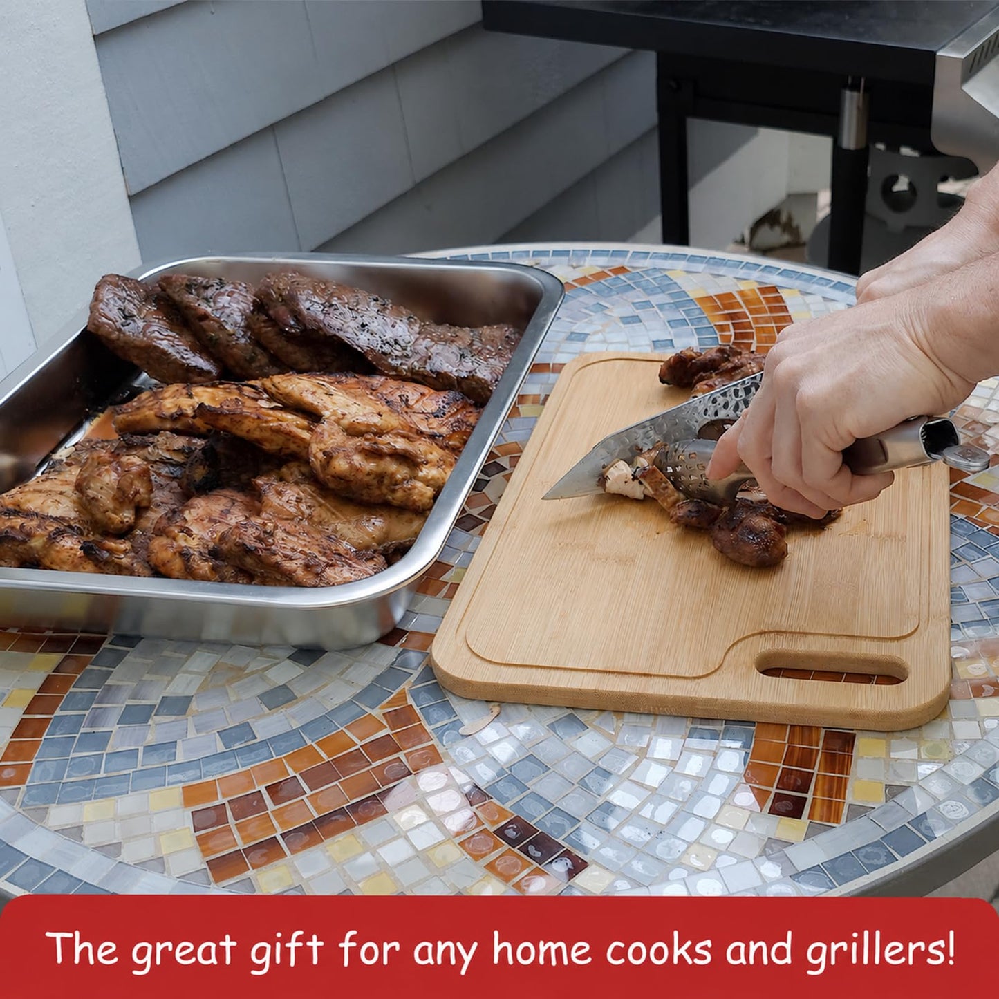 Geesta Grilling Prep and Serve Tays, Stainless Steel Large Capacity Food Prep Tray, Grill Carry System, Marinade Container with Lid and Cutting Board,BBQ Grill Accessories, Grilling Gifts for Men