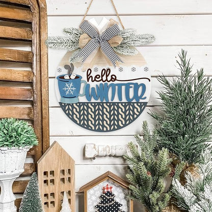 TOARTi Hello Winter Welcome Door Wreath with Bow Pine(11.4''x11.4''), Rustic Coffee Cup Snowflake Sign Hanging, Farmhouse Home Kitchen Cafe Wooden Decoration for Christmas Winter Housewarming Gift