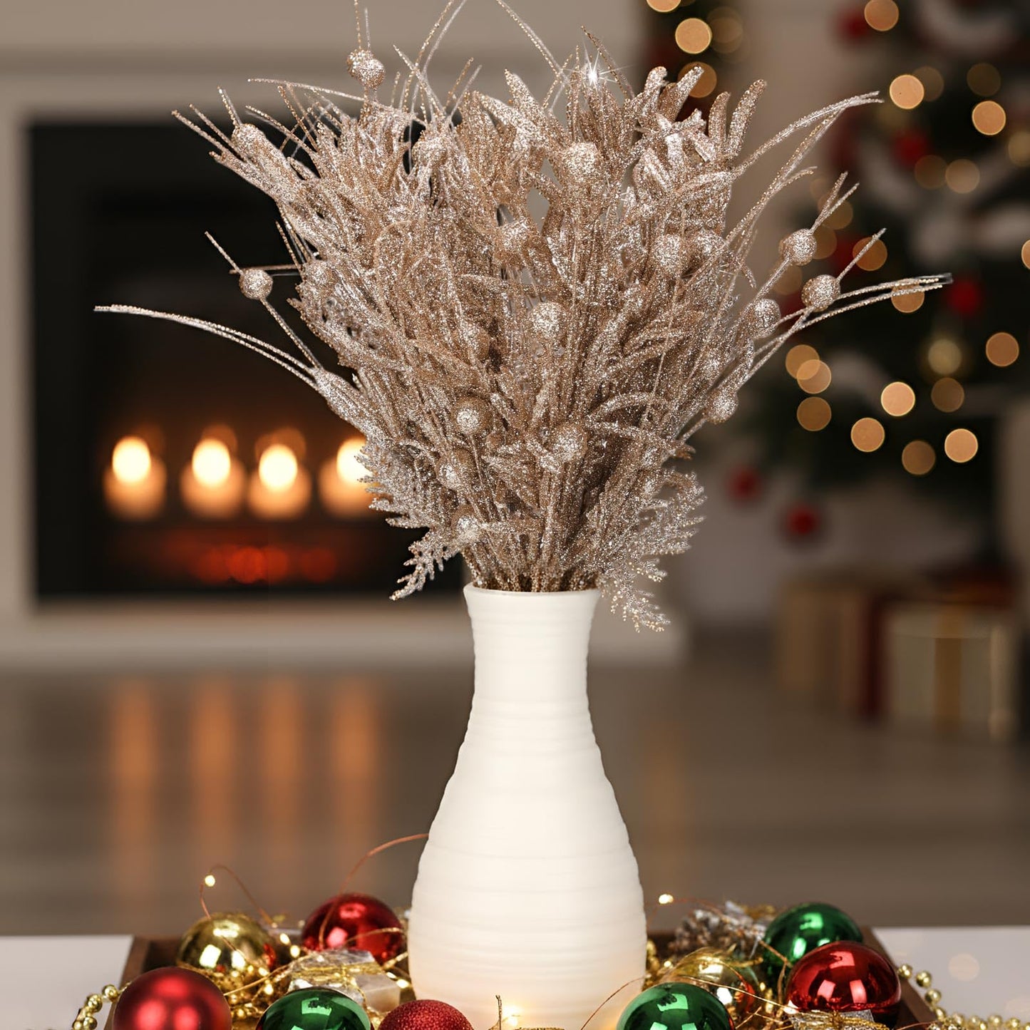 16 Pcs Glitter Christmas Picks Branches Artificial Christmas Berry Decoration Stems Pine Needles Floral Twig Spray for Xmas Tree Xmas Vase Filler Ornaments DIY Wreath Garland Holiday Decor(Champagne)