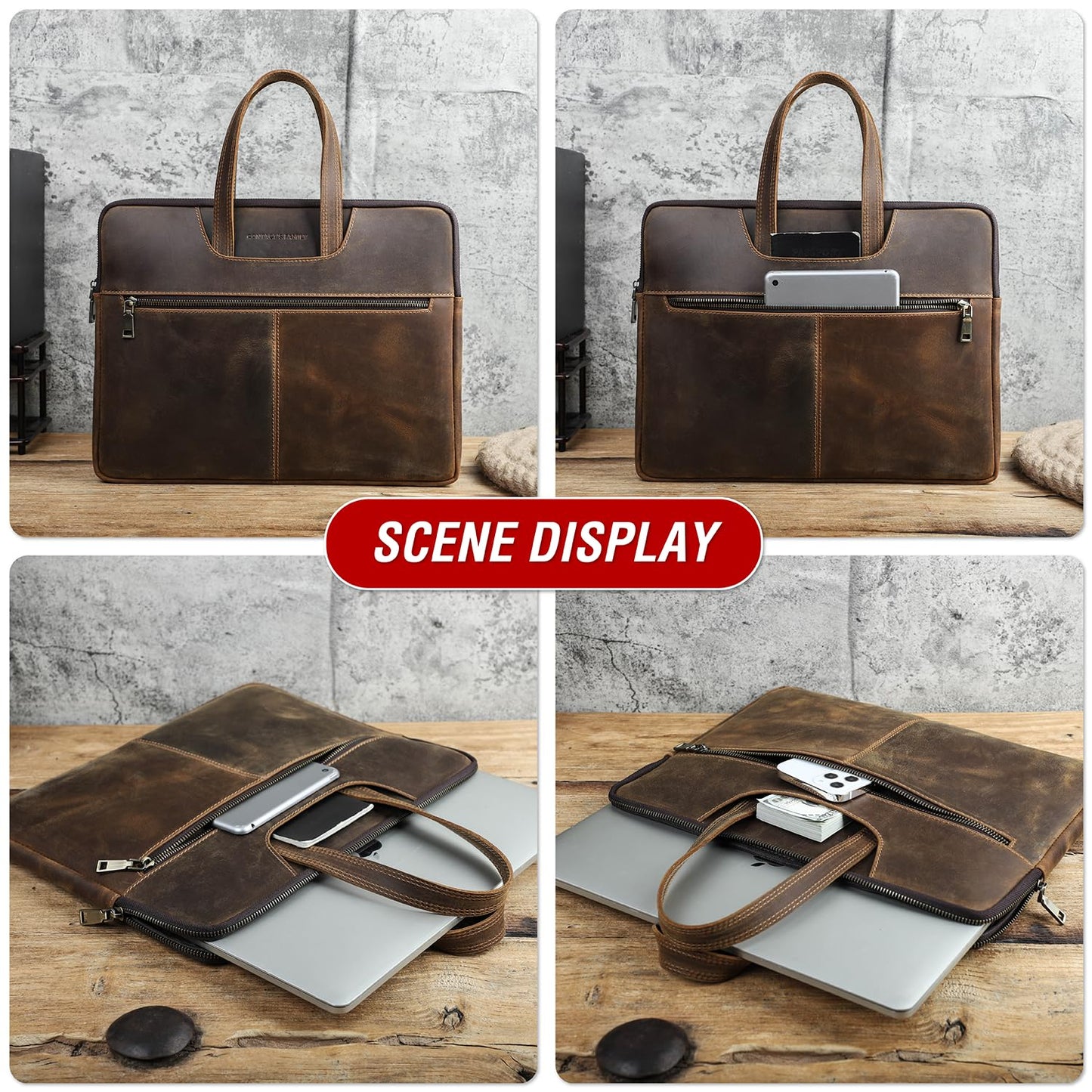 CataPurus Top Grain Leather 15.4" Slim Laptop Briefcase Handbag, Vintage Design with 5 Pockets, Handmade, Compatible with MacBook Pro/Air 13.3"/14.2"/15.4"/16" & other Laptop/Tablet, Coffee 15.4 Inch