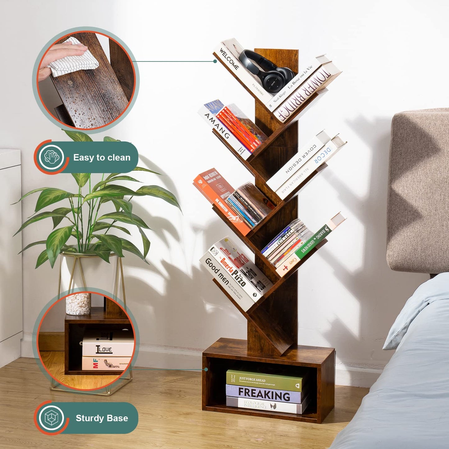 Yoobure Tree Bookshelf - 6 Shelf Retro Floor Standing Bookcase, Tall Wood Book Storage Rack for CDs/Movies/Books, Utility Book Organizer Shelves for Bedroom, Living Room, Home Office, Rustic Brown