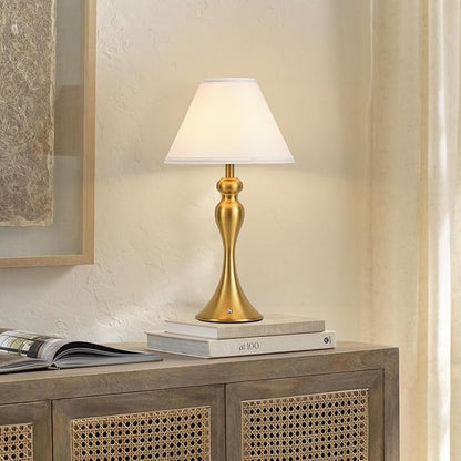 Cordless Bedside Lamp for Living Room, Table Lamp for Bedroom, 3-Way Dimmable Nightstand Lamp with Fabric Shade, Rechargeable Touch Led Desk Lamp Battery Operated Lamp for Dorm, Home Office (Brass)