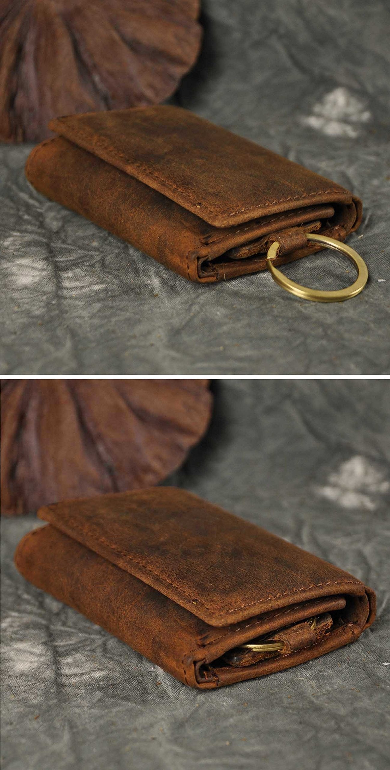Plinvo Men's Genuine Leather Key Case with Snap Hook Loop for Car Keys & Coins Compact Wallet Design (Dark Brown1)