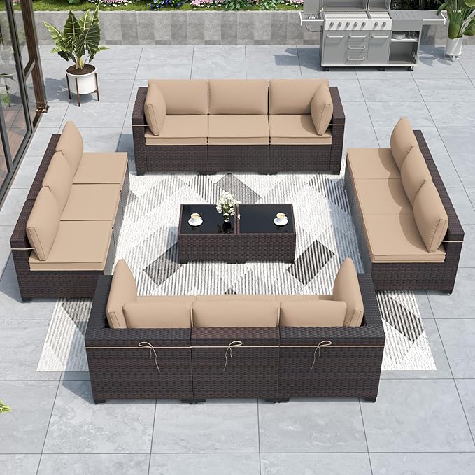 ALAULM 14 Pieces Outdoor Patio Furniture Set Sectional Sofa Sets Brown PE Rattan Patio Conversation Set w/12 Khaki Seat Cushions and 2 Coffee Tables