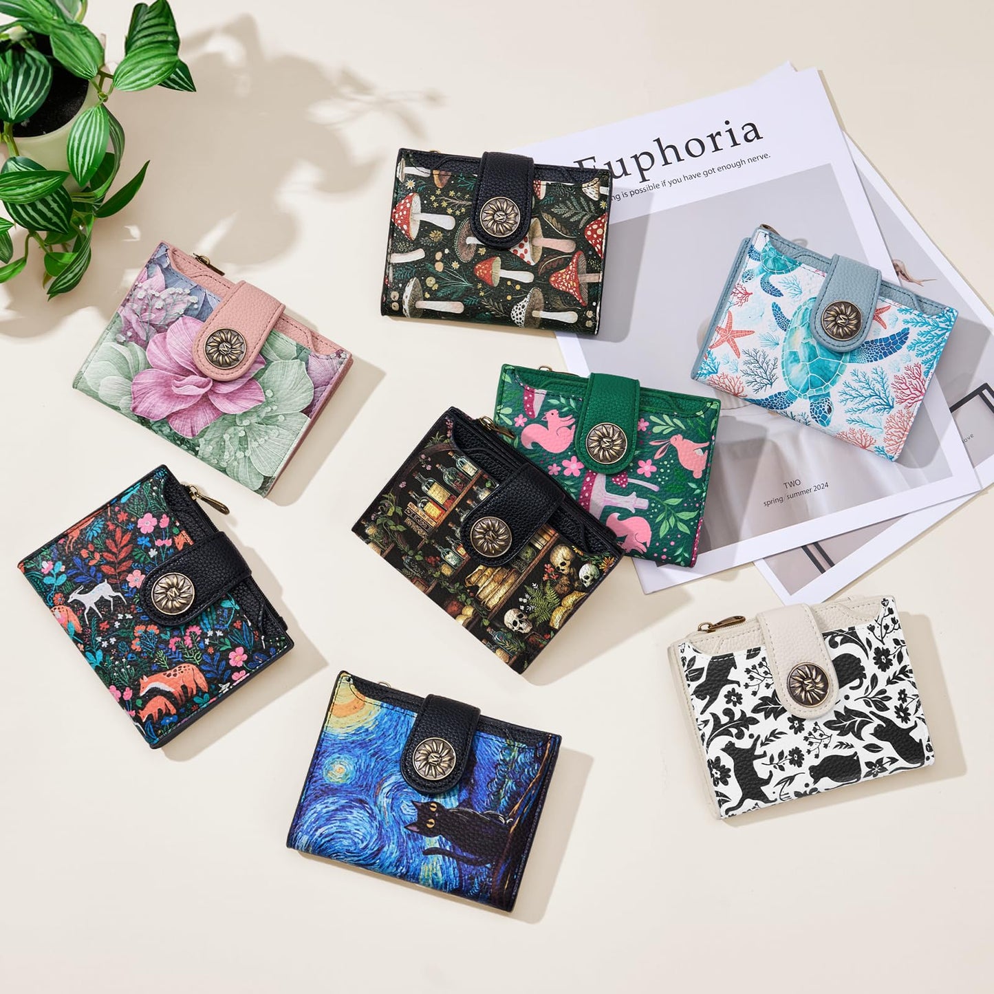 Mayski Skull Bookshelves Gothic Small RFID Wallet Women, PU Leather Bifold Zipper Coin Pocket Compact Cash Credit Card Holder Purse, Cute Travel Wallet for Ladies Teen Girls, 4 ID Window 14 Card Slots