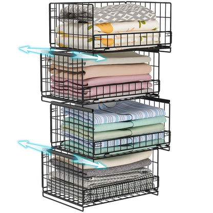 Hongtamoya 4-Tier Sliding Closet Organizers and Storage Shelves, Stackable Closet Shelf Organizer Basket Bins, Drawer Shelf Storage Container for Wardrobe Cupboard Kitchen Bathroom Office, Black