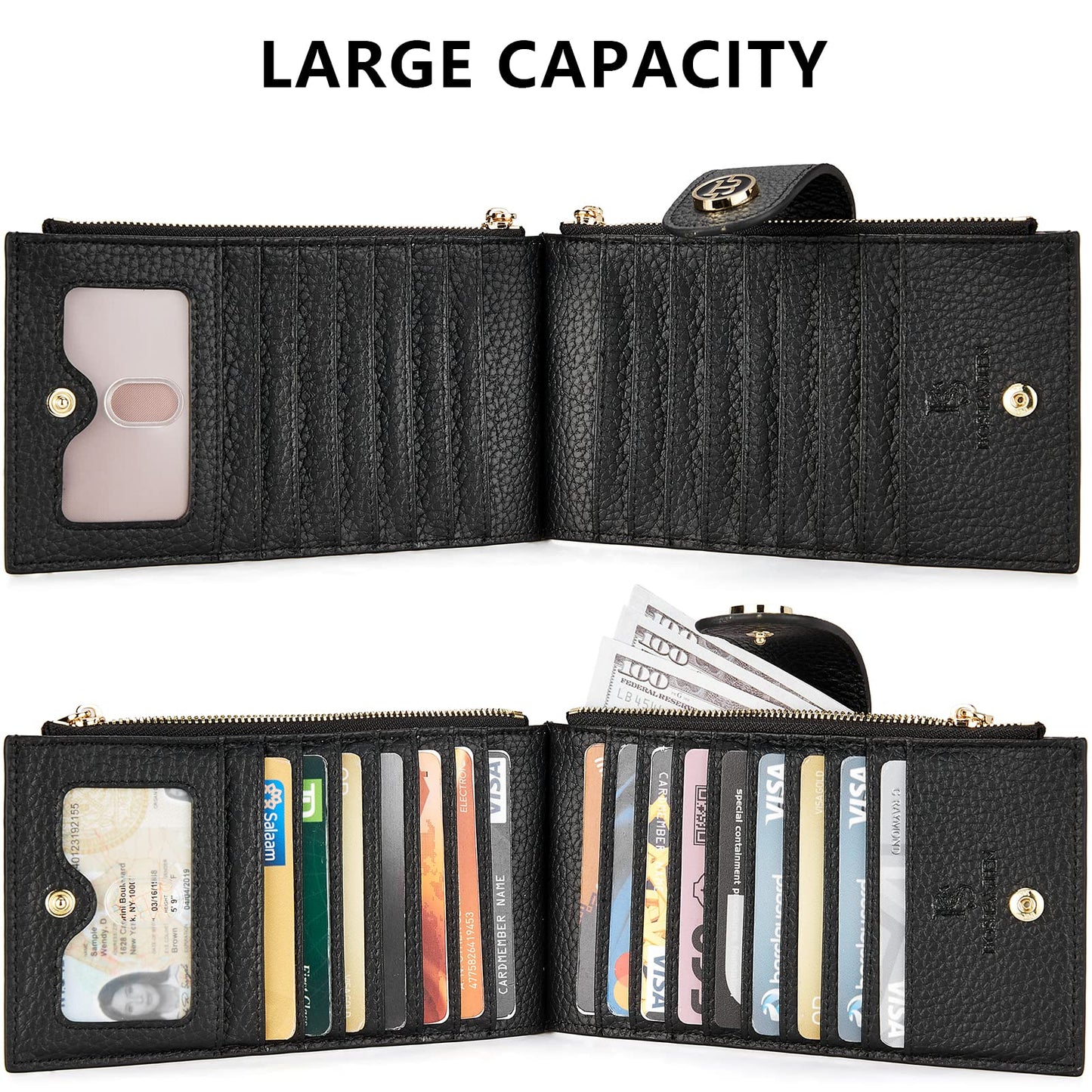 BOSTANTEN Leather Wallets for Women Large RFID Blocking Slim Bifold Purse Card Holder with Zipper Pocket Black