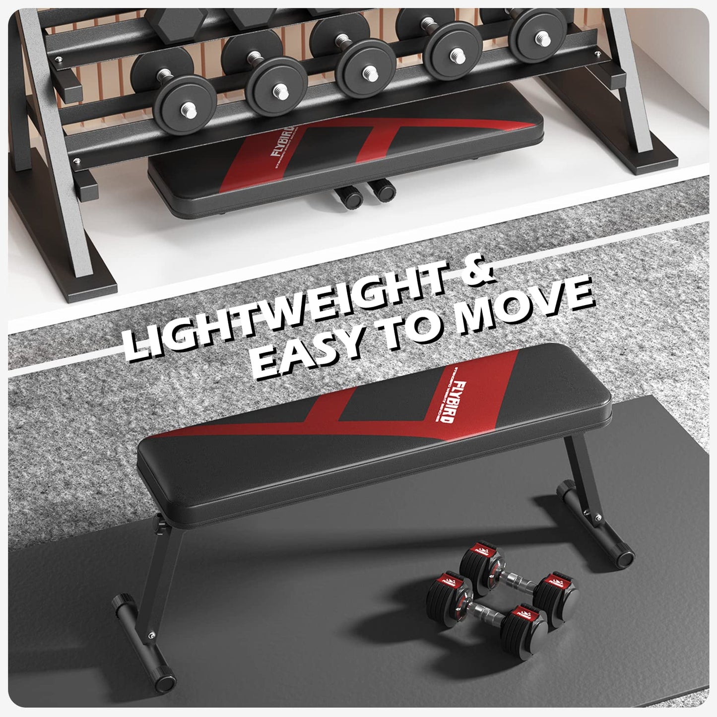 FLYBIRD Folding Flat Bench, Sturdy Lightweight and Space-saving Bench Press Flat Weight Bench, Easy to Assemble