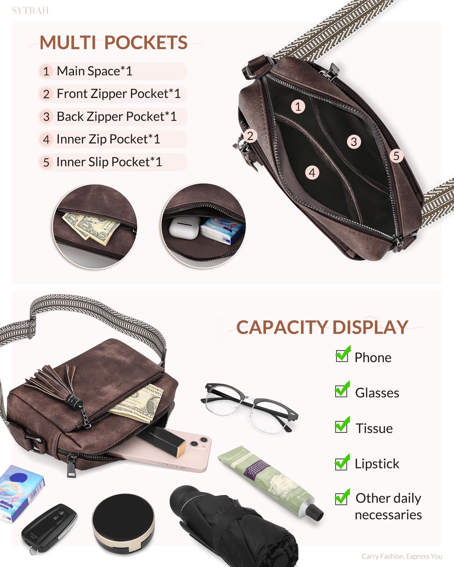SYTRAH Crossbody Bags for Women, Triple Zip Crossbody Purses for Women Trendy, Cell Phone Purse Shoulder Handbag with Adjustable Strap Mocha Coffee
