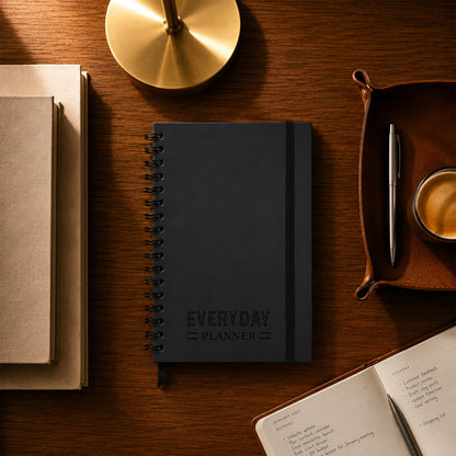 Undated Daily Planner Notebook With Hourly Schedule - Hardcover Appointment Day to do List Notebook for Women & Men - A5(5.7" x 8.3") Spiral Black