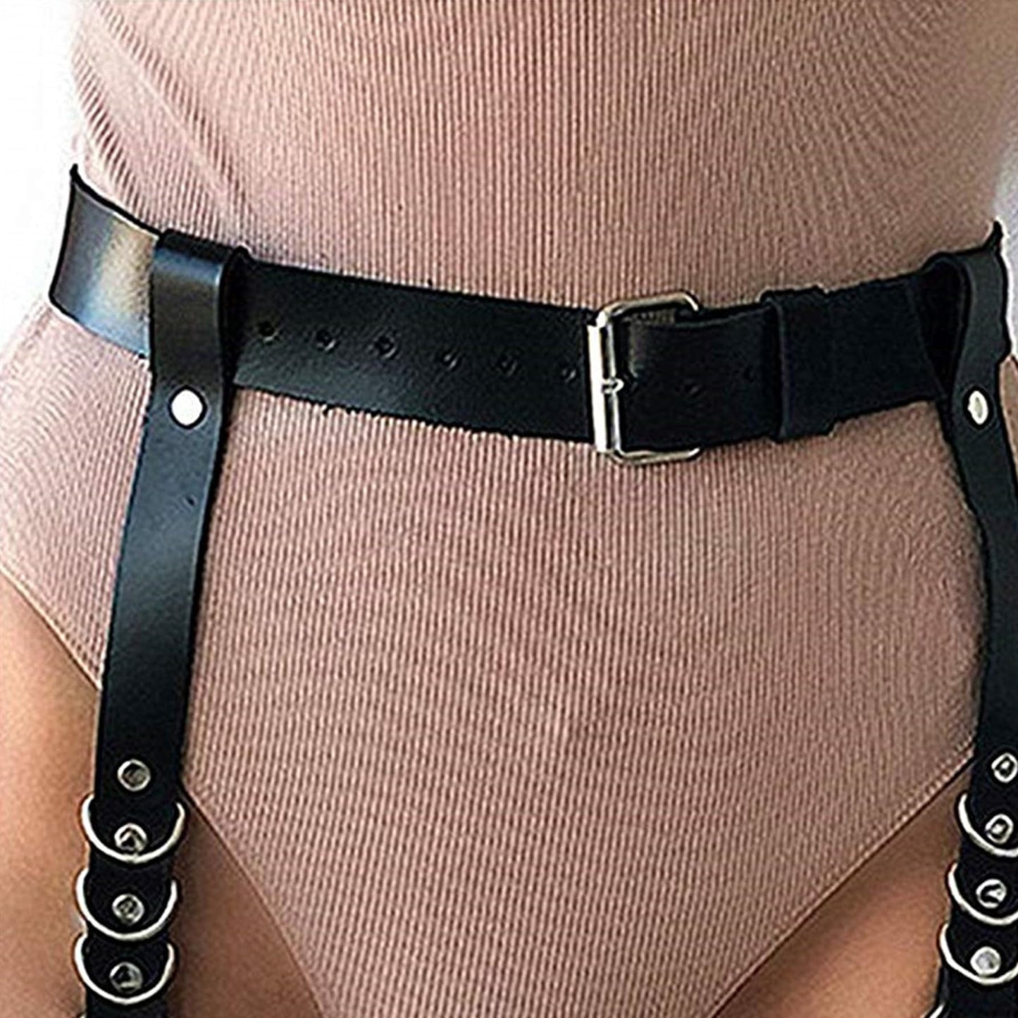 KJSUHFN Women's Garter Belts Punk Leather Adjustable Body Harness (Black, One Size)