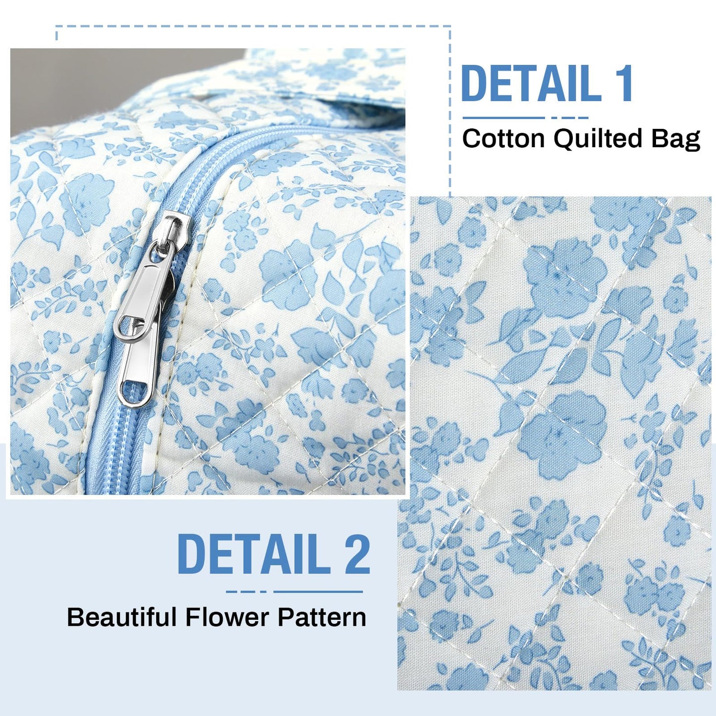 Abbylike 2 Pcs Large Quilted Duffle Bag Blue Floral Coquette Duffle Bag with Makeup Pouch Quilted Weekender Diaper Tote with Shoe Compartment for Women Travel Hospital