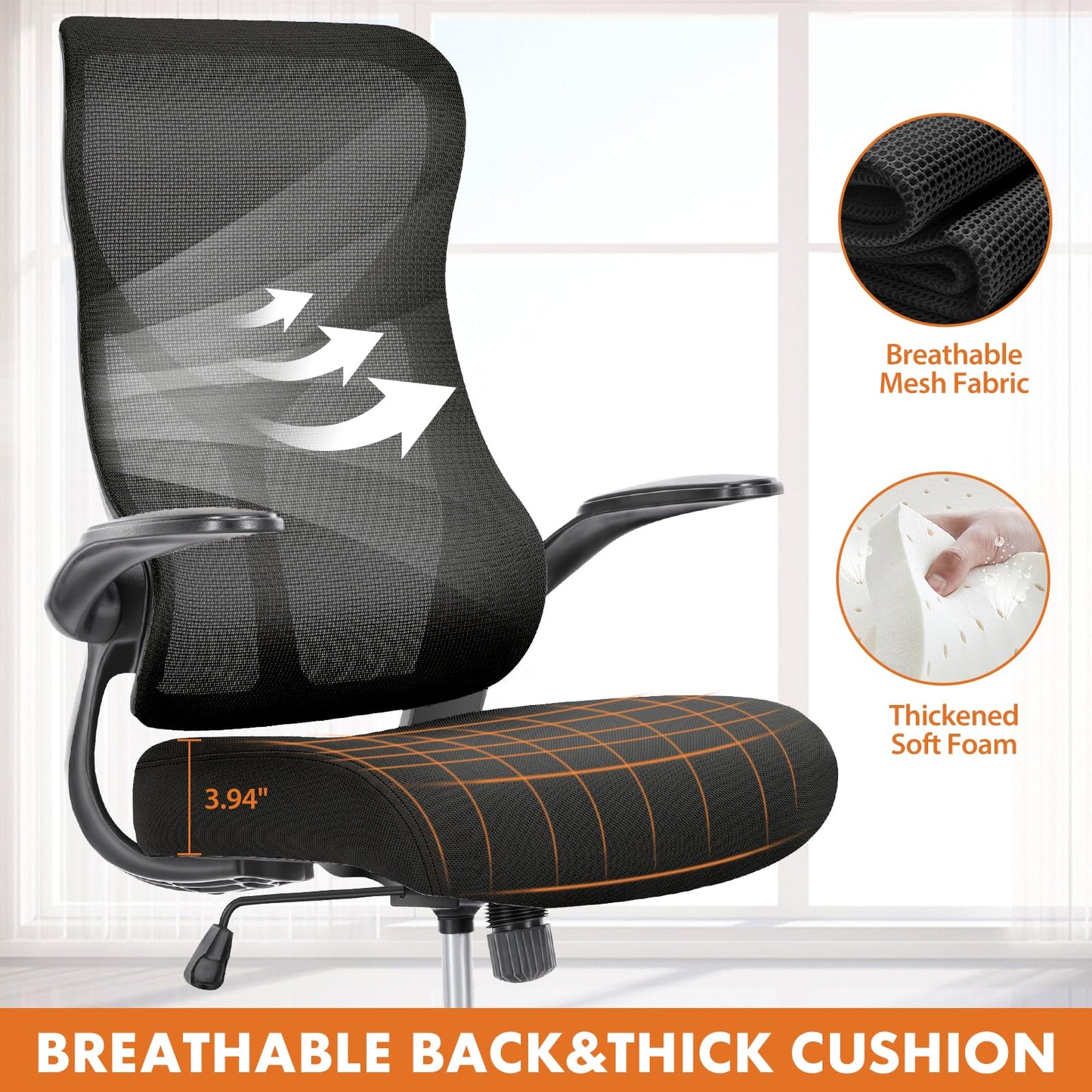 Sweetcrispy Ergonomic Office Desk Computer Chair, Comfy High Back Swivel Rolling Home Mesh Gaming Chairs with Wheels, Lumbar Support, Flip-up Arms,120°tilt for Bedroom, Study, Work, Black