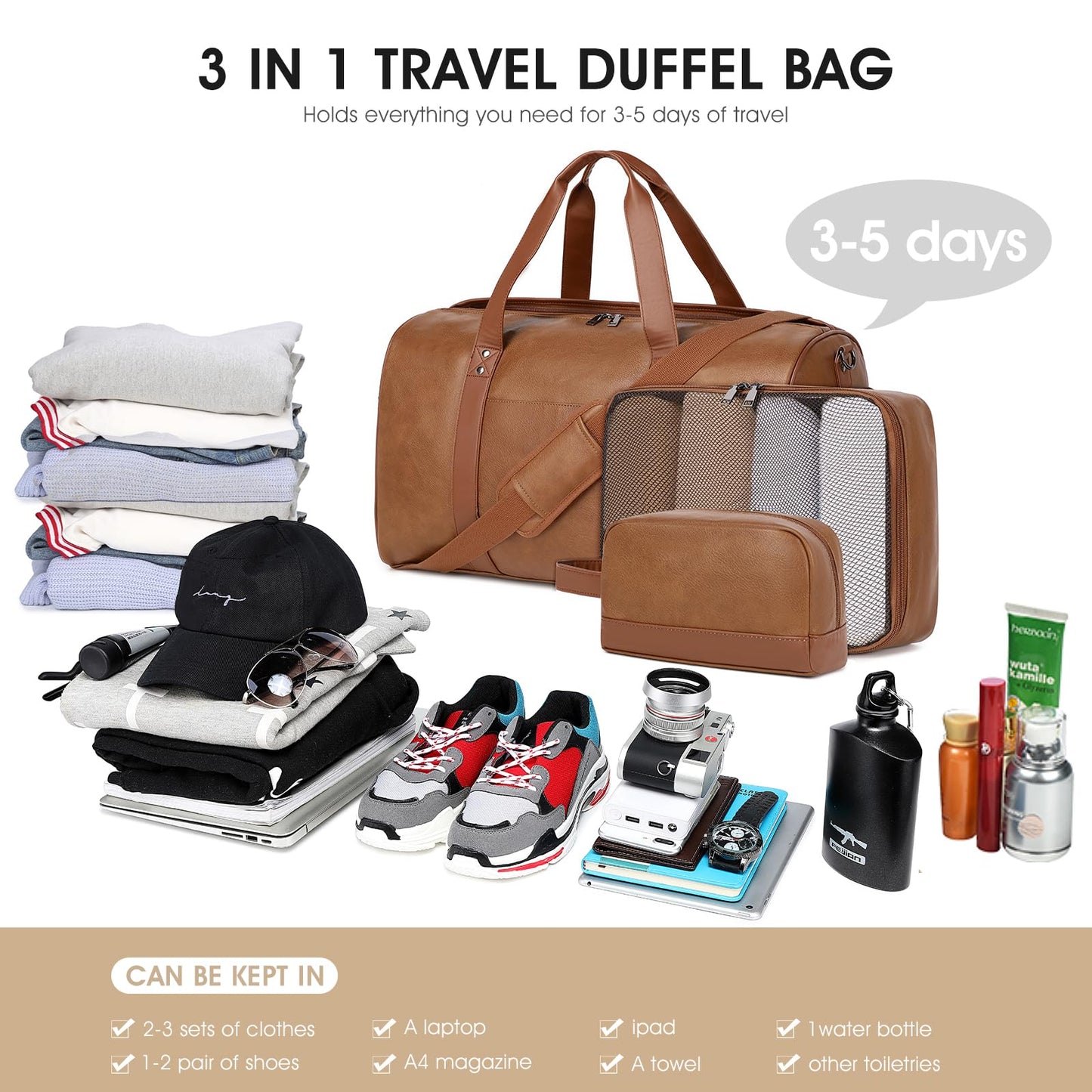 Wogarl 3PCS Faux Leather Weekender Bag for Women Men Large Overnight Bags Travel Duffel with Shoe Compartment Toiletry Packing Cube Carry On Tote Fit 21" Laptop(Light Brown)