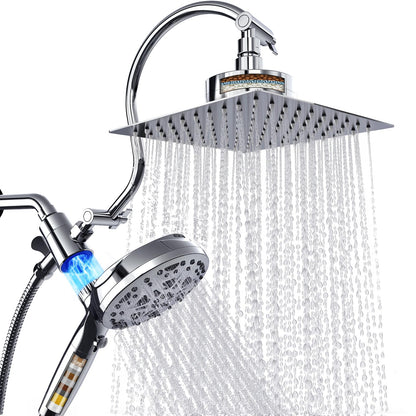 Dual Filtered Shower Head with Magnetic Handheld - 8'' Square Rain Shower Head High Pressure with Handheld Combo, 8+2-Spray Magnetic Detachable Showerhead with Power Jets, Chrome