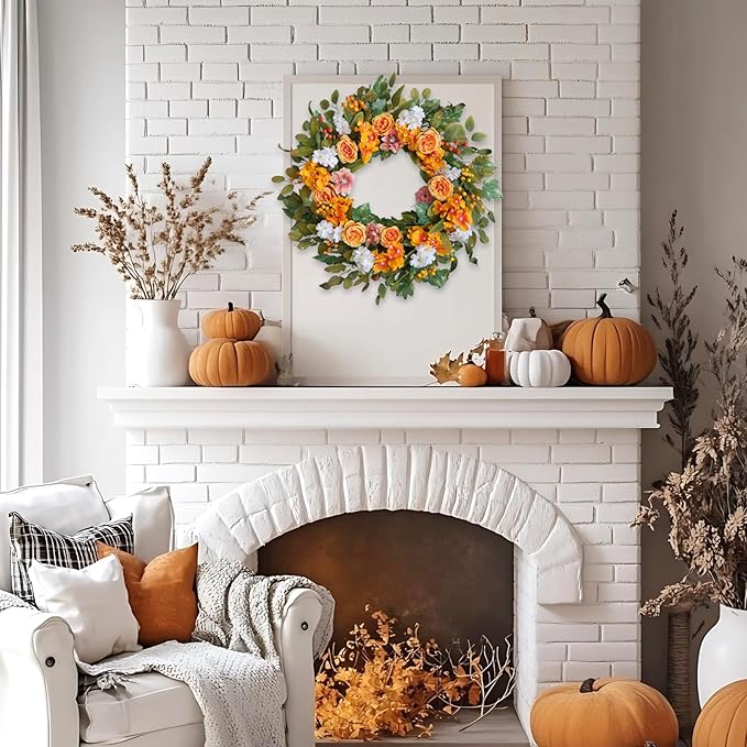 22-inch Fall Wreath Orange Rose Hydrangea Berry Green Leaf Fall Front Door Wreath Indoor Outdoor Decoration Thanksgiving Harvest Festival Party Wedding Office Decoration