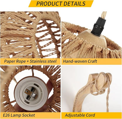 Frideko Rattan Wall Lamp with Plug in Cord Hand Woven Plug in Wall Sconces Paper Rope Wall Light Farmhouse Wall Sconce Wall Mounted Light Boho Wall Sconces Wall Lighting for Bedroom Living Room