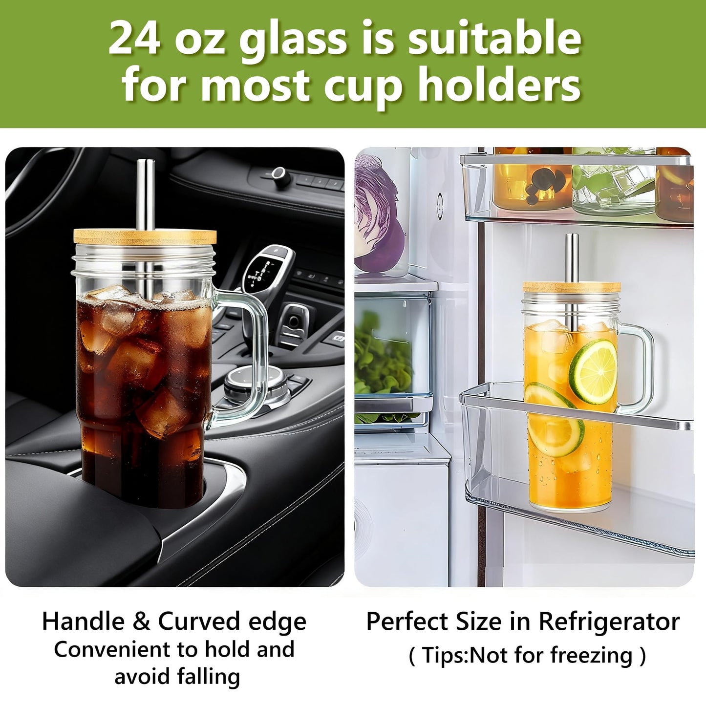 Birity 24oz Glass Cups with Lids and Straws,Glass Tumbler with Handle,2 set–Reusable Glass Ice Coffee Cups with Lid and Straw for Smoothies,Tea,Juice,Boba Cup for Cold & Hot Drinks,Travel Cup
