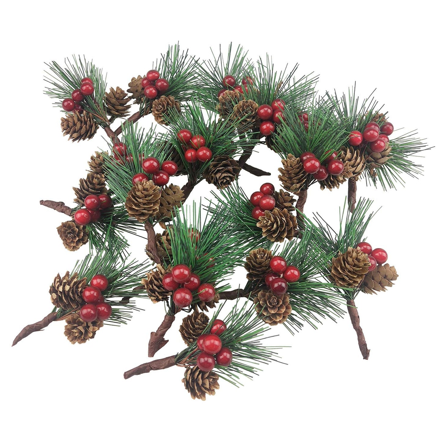 BLEBRDME 20PCS Artificial Pine Picks Small Pine Tree Plants Red Pinecones for Christmas Flower Arrangements Wreaths and Holiday Decorations