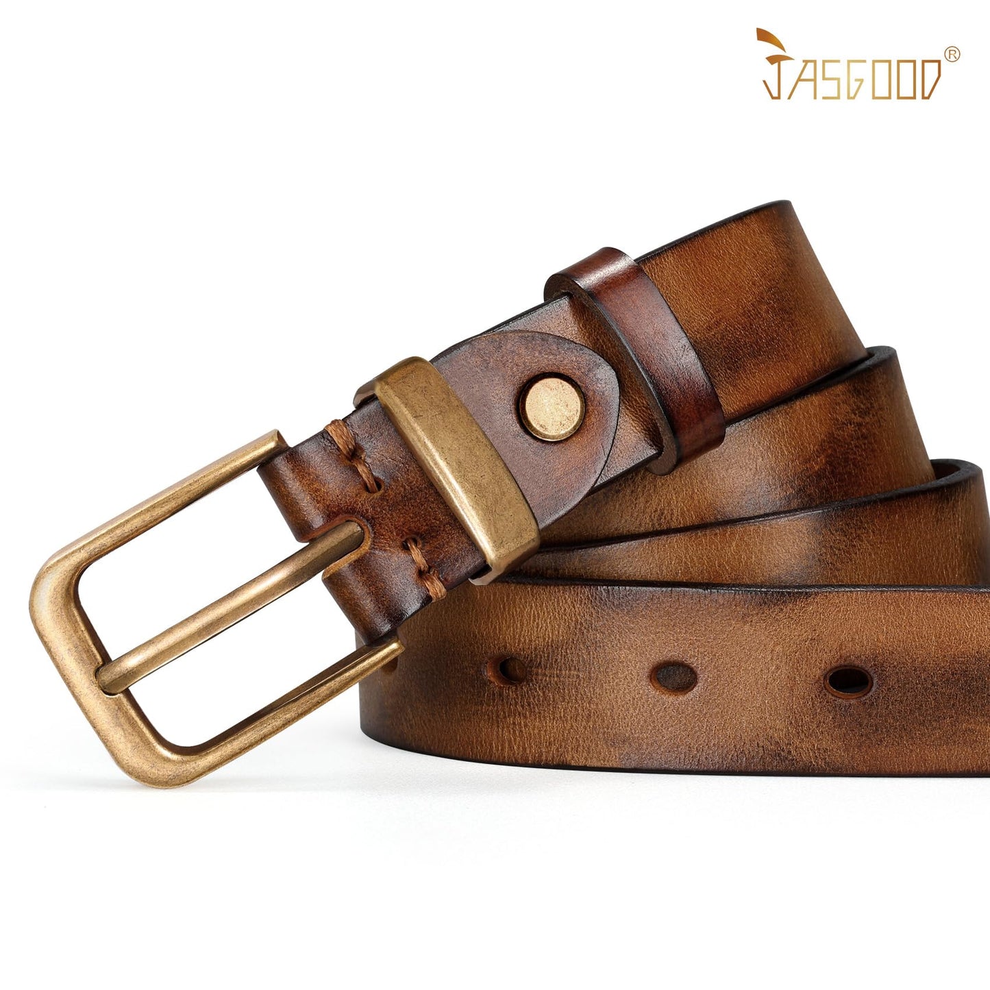 JASGOOD Women Belt Genuine leather Belt with Bronze Buckle,Ladies Full Grain Leather Belt for Jeans Pants,Brown