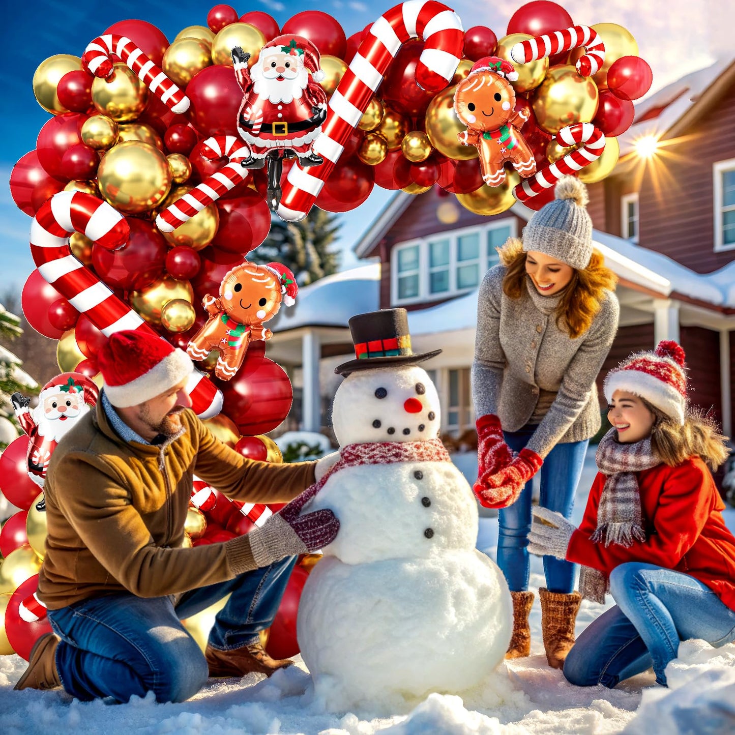 Christmas Balloon Arch Garland Kit, 114Pcs Retro Red Metallic Gold Latex Balloons with Large Cane Gingerbread Man Santa Claus Xmas Foil Balloons for Birthday Merry Christmas Party New Year Decorations