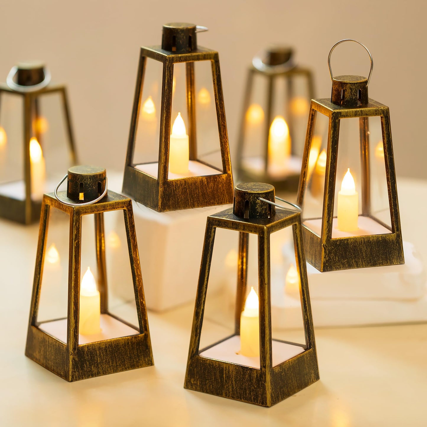 Romadedi Mini Decorative Lantern for Centerpieces - 10 Pcs Small Gold Candle Lanterns with Flickering LED Candles for Wedding Table Decor Christmas Party Halloween, Battery Included