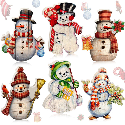 Wonderjune 6 Pcs Vintage Snowman Table Decorations Winter Wooden Tiered Tray Decor Christmas Tabletop Decors Rustic Wood Centerpiece Xmas Retro Block Signs Gift for Home Office Fireplace Shelf Display