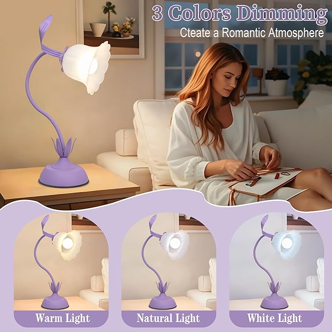 Vintage Flower Table Lamp, 3 Color Temperature Flexible Gooseneck Cute Small Desk Lamp for Bedroom, Kawaii Nightstand Bedside Lamps for Living Room, Dorm, Office, Home Decor (Purple)
