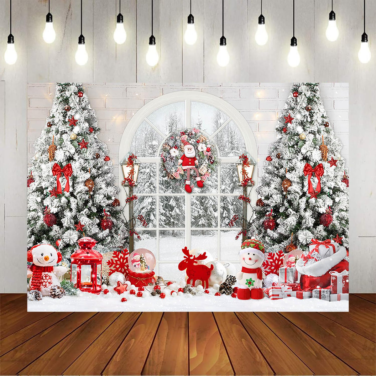 Mocsicka Christmas Window Backdrop Snow World Santa Claus Snowman Photography Background Christmas Tree New Years Kids Family Party Decoration Props Portrait Photo Studio Props (10x7ft)