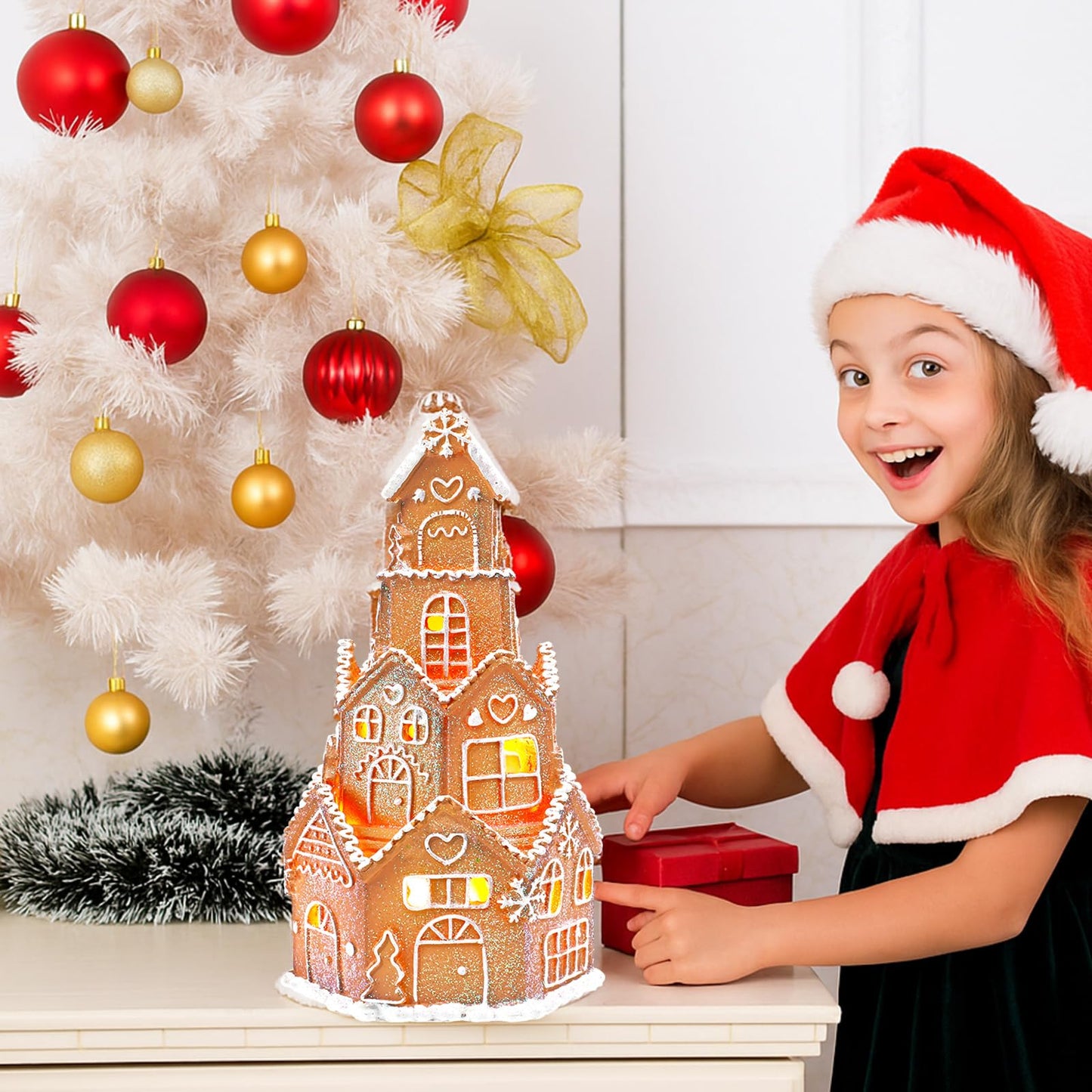 Beeveer LED Christmas Gingerbread House Decoration Resin Christmas Gingerbread Village Sets Xmas Village Collectible Figurines Home Decor Gifts 5 x 5 x 8.25 Inch