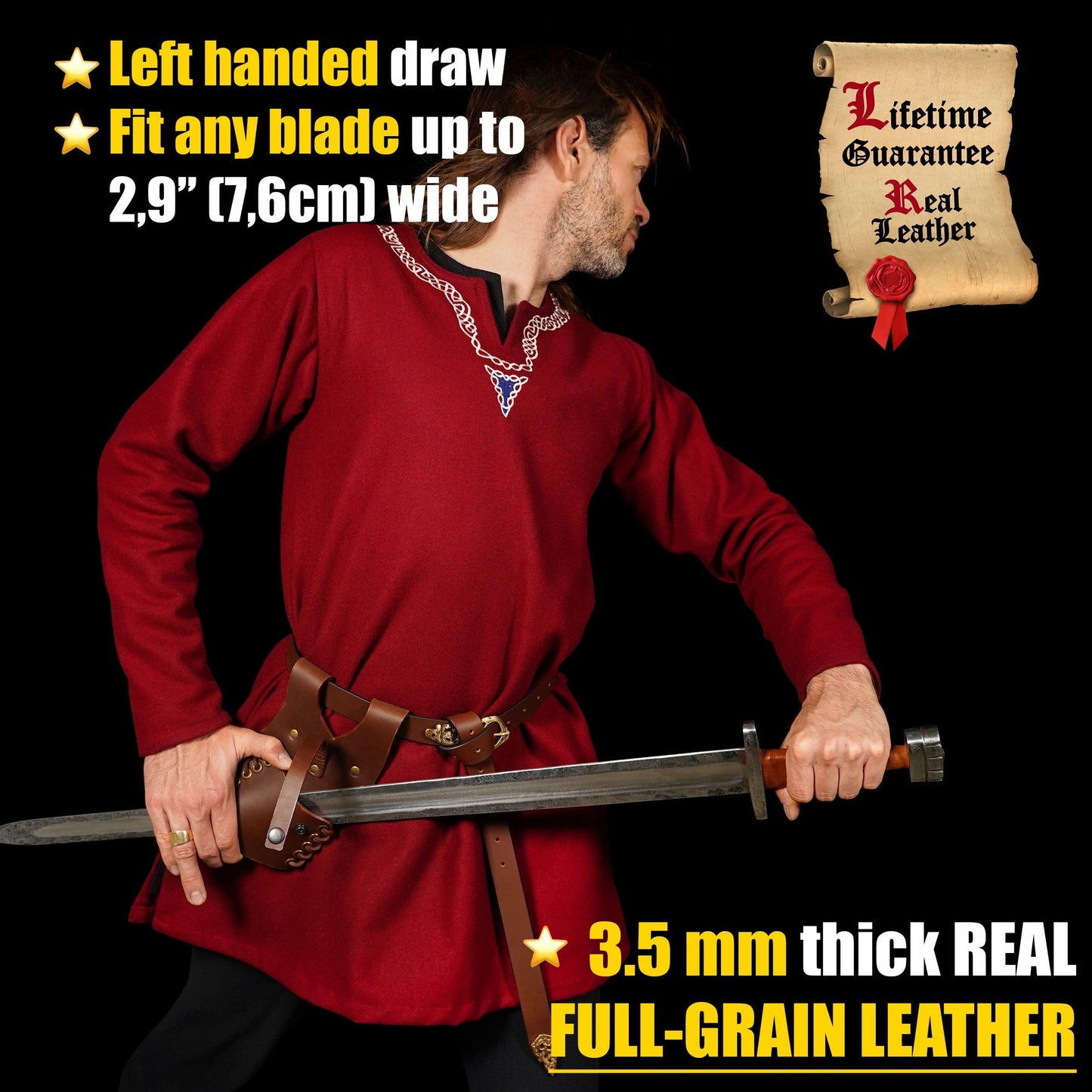 Mythrojan Leather Sword Frog Medieval Sword LARP Costume Accessory Frog Sword Holder Rapier Knight Sword Belt Frog Leather Pirate Sword Holster (Brown- 9.4” x 4.7” LH)