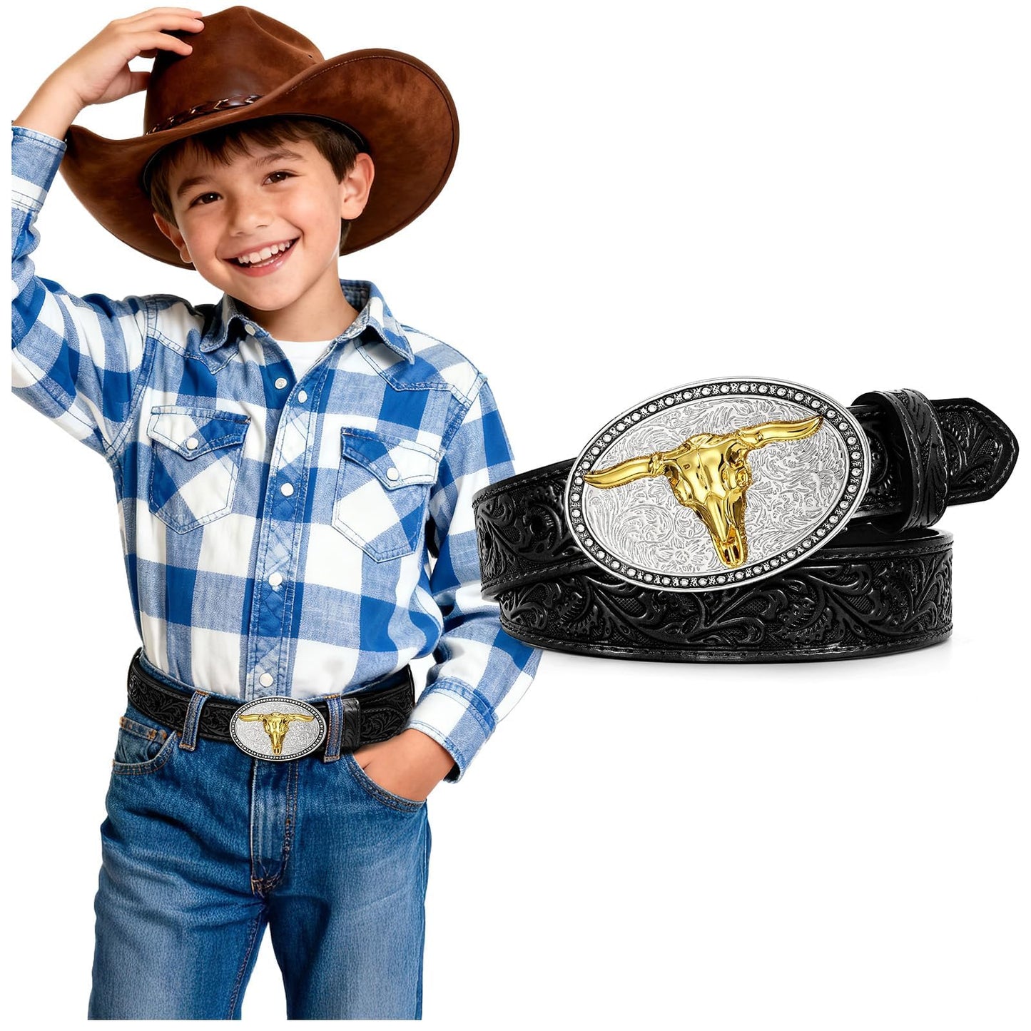 SANSTHS Kids Western Belt for Boys Girls Genuine Leather Cowboy Cowgirl Belts with Detachable Buckle for Jeans Western Gifts, Golden Bull Buckle/Black Belt