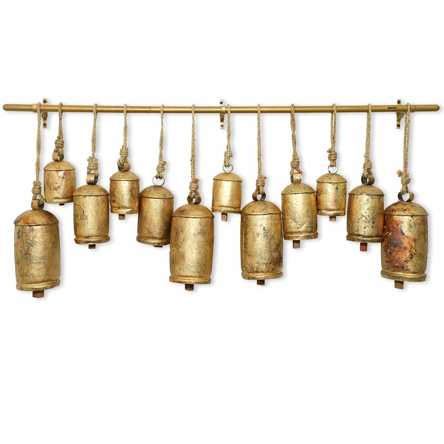 Shabby Chic Country Rustic Vintage Style Handmade Christmas Jingle Harmony Cow Bells on Metal Hanging Rod Complete Set (X-Large 45" 22" 8")