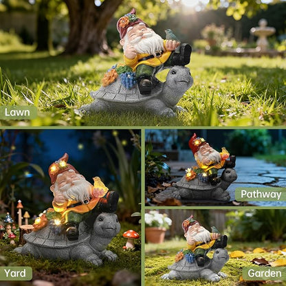Solar Gnome on Turtle Statue Light, Weatherproof Resin Garden Decor Auto On/Off - Whimsical Night Glow for Fairy Garden,Yard