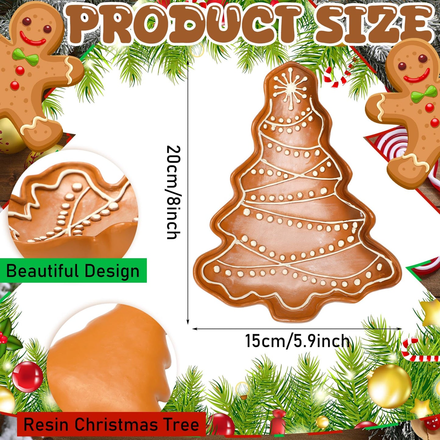 LemonRoad 2 Pcs Christmas Gingerbread Plates Resin Gingerbread Tree Shaped Platter 8 x 5.9 Inch Hand Painted Xmas Tree Snack Fruit Candy Serving Tray for Farmhouse Home Decoration Party Supplies Gift