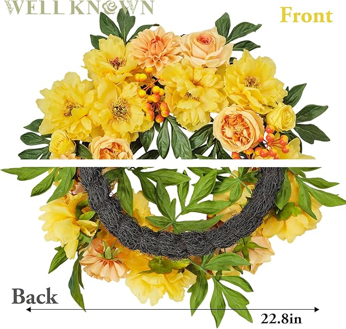 WELL KNOWN Flowering Wreaths for Front Door, Silk Peony Wreath for Front Door Porch & Indoor Wall Window, Fall Winter Wreath for Thanksgiving Farmhouse Party Veterans Day Home Decor (Yellow Orange)