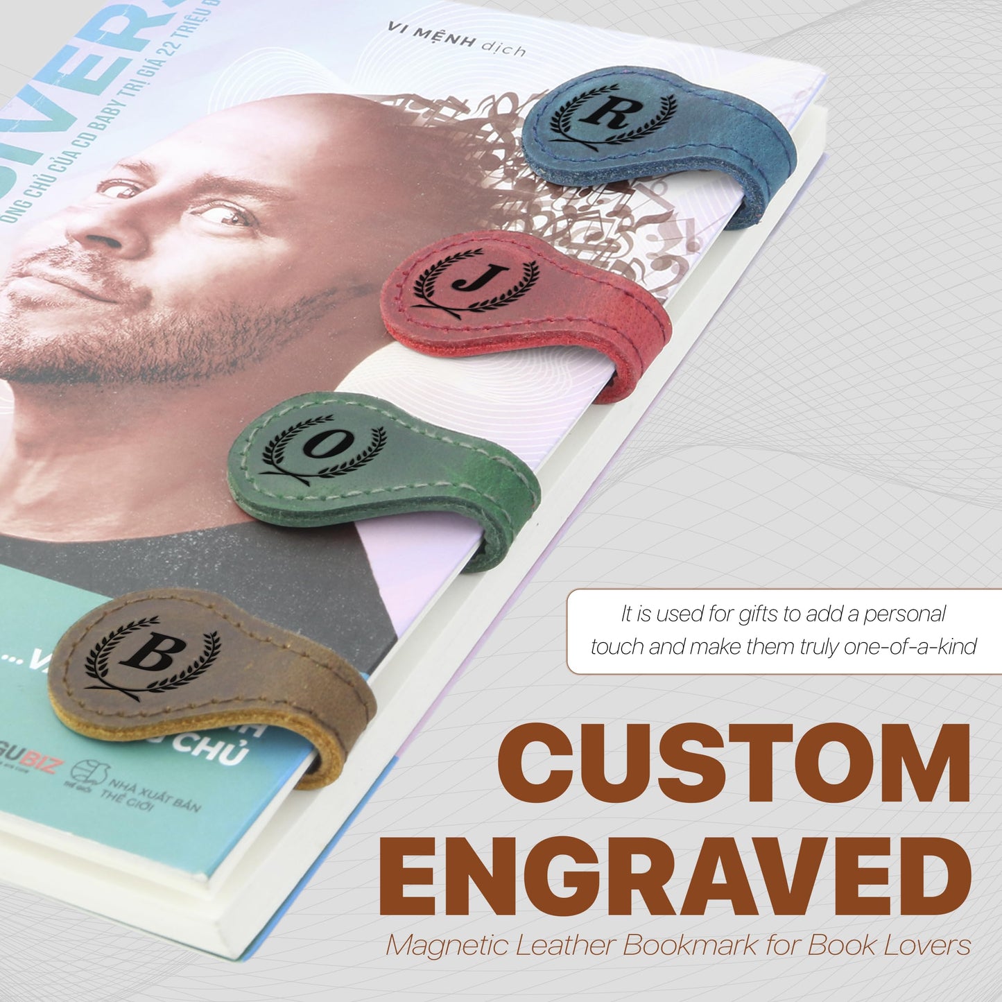Personalized Magnetic Leather Bookmark - Genuine Leather Custom Bookmark with Initials, Handmade Magnetic Clips for Book Lovers, Readers, Kids, and Women - Premium Magnet Bookmark Charm (Green, G)