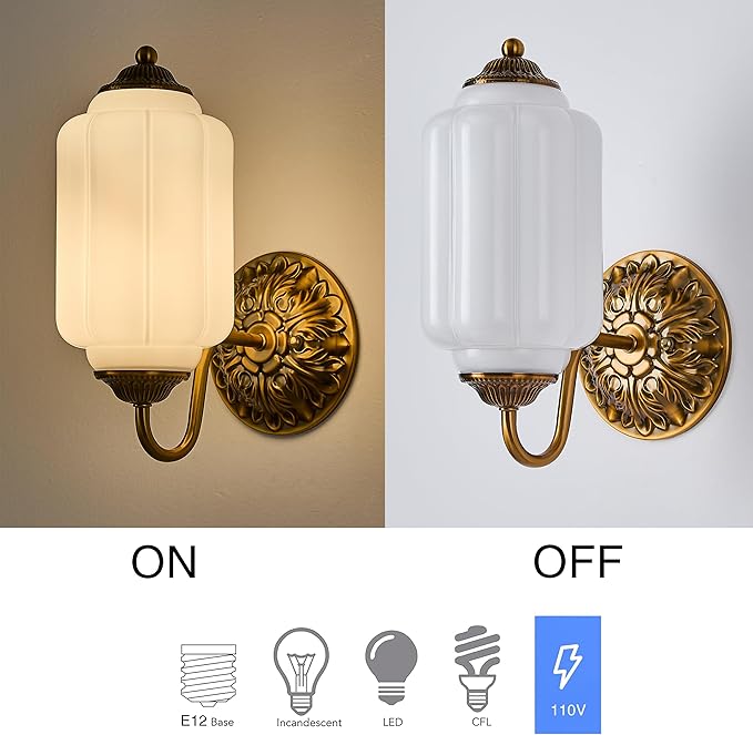 Vintage Brass Wall Sconce Light Fixture with Milk White Glass Shade, Retro Glass Wall Lamp, Indoor Wall Light for Bedroom, Living Room, Hallway