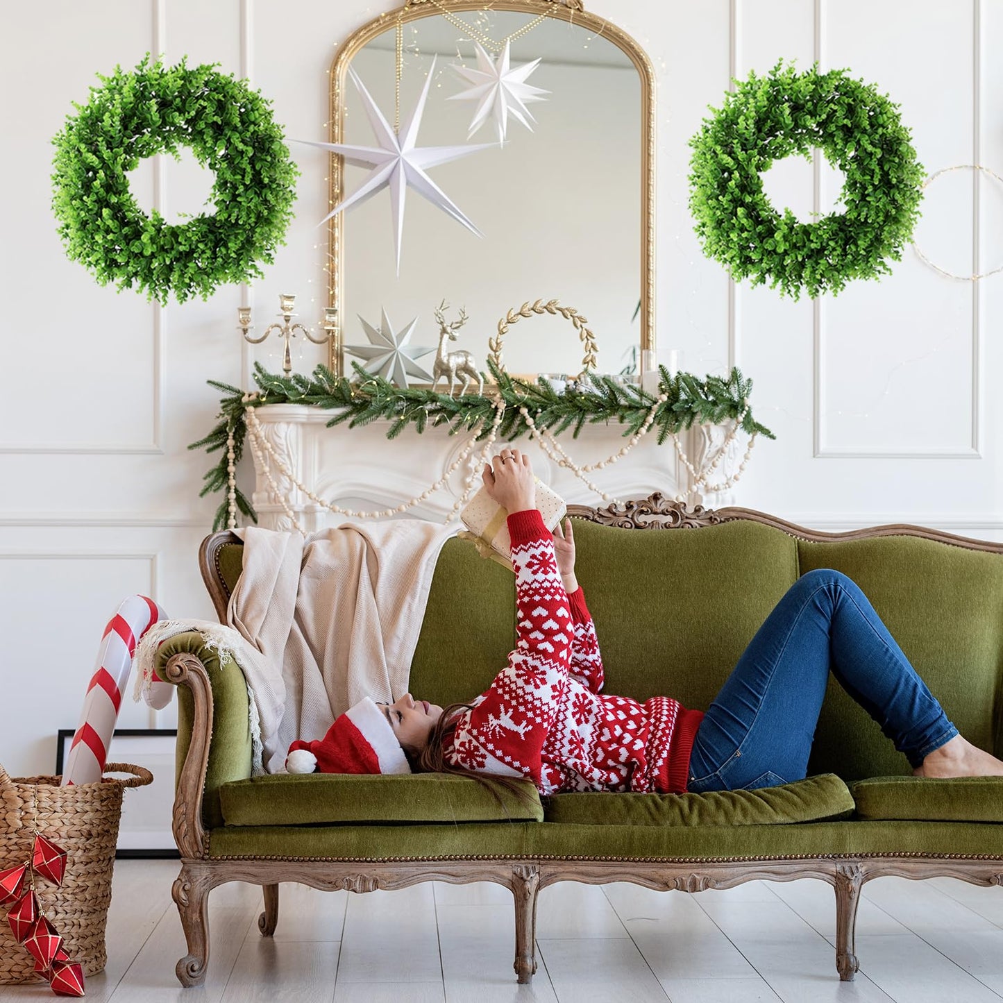 DUZYXI Boxwood Wreath Artificial Preserved for Garden Front Door, The Green Boxwood Wreath Will Keep Your Door, Walls, and Windows Fresh All Year Round and is an Great Home Decor -20 INCH