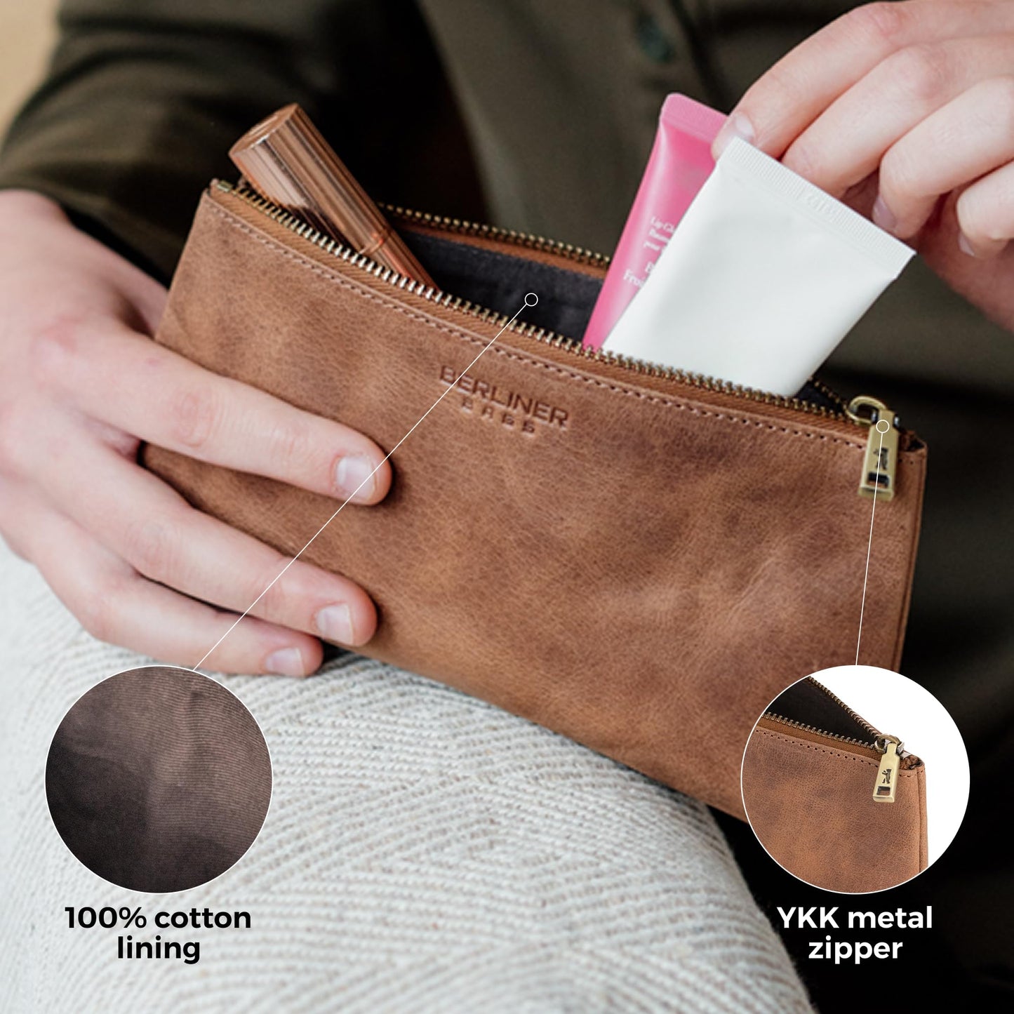 BERLINER BAGS Vintage Genuine Leather Makeup Bag Anna, Cosmetic Bag for Purse, Travel and Cosmetics Pouch with Zipper for Women- Brown