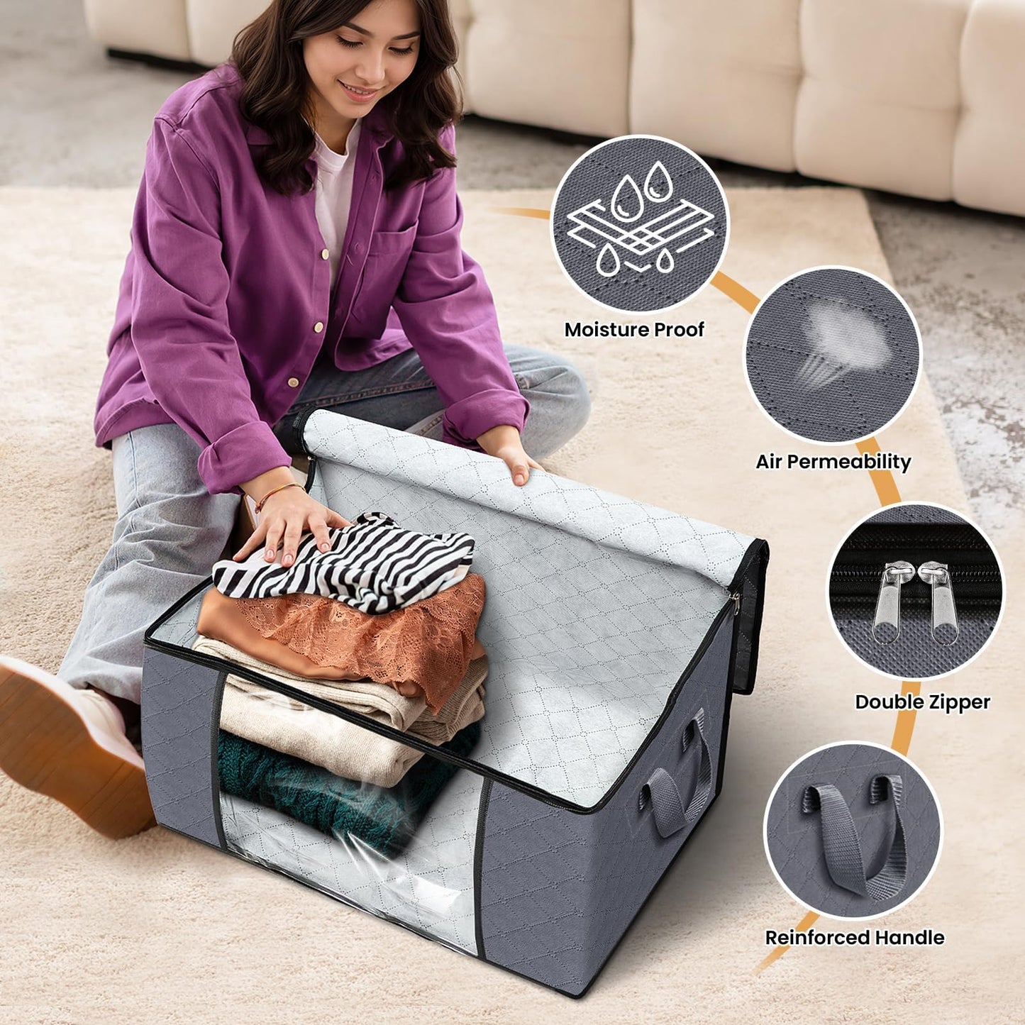 Fab totes 6 Pack Clothes Storage, Foldable Thick Fabric Blanket Storage Bags, Containers for Organizing Bedroom, Closet, Clothing, Comforter,Closet Organization with Handle,Grey